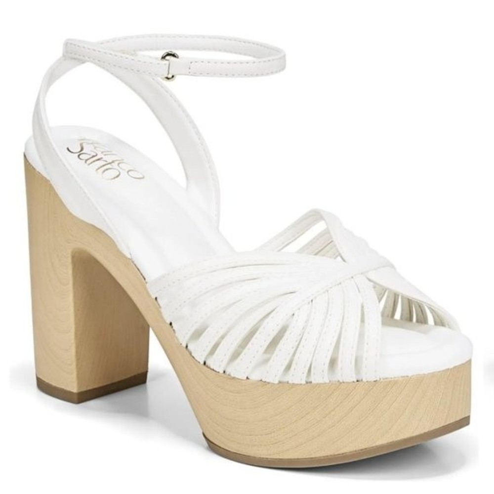 Franco‎ Sarto Size 10 Chunky Retro Strappy White Platform Sandal Heels Shoes